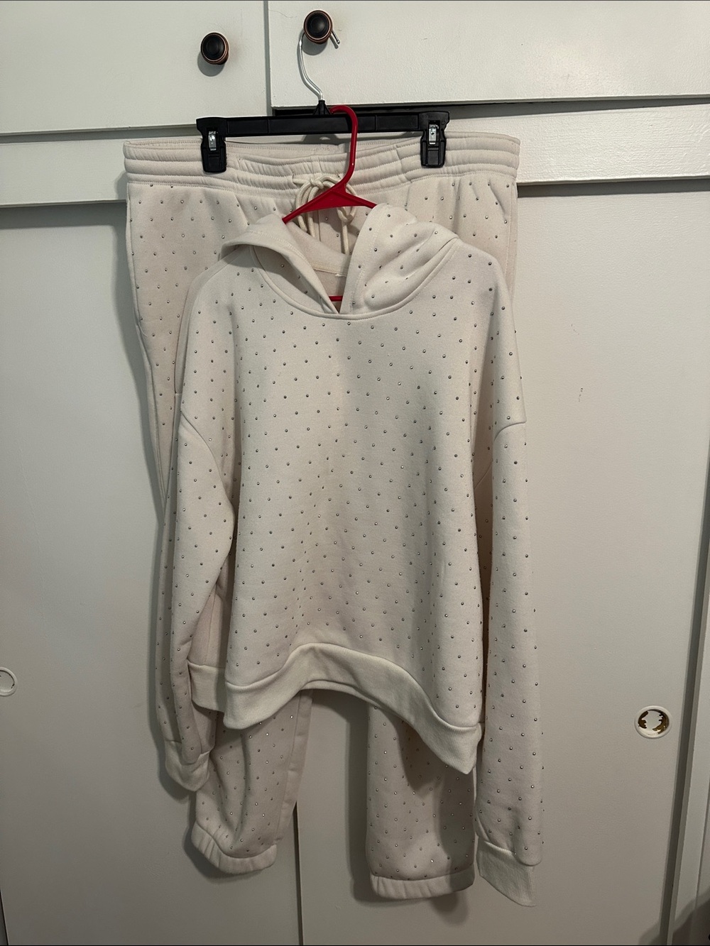 Cream Hooded Sweatshirt and Jogger Set With Rhinestones